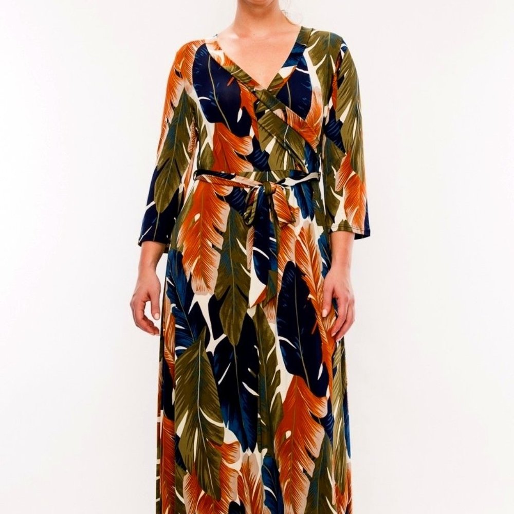 Blue and Green Leaf faux wrap dress